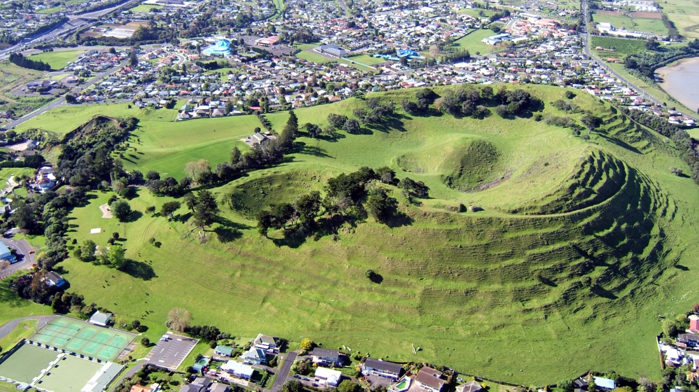 Aerial view of Māngere Mountain's volcanic crater.